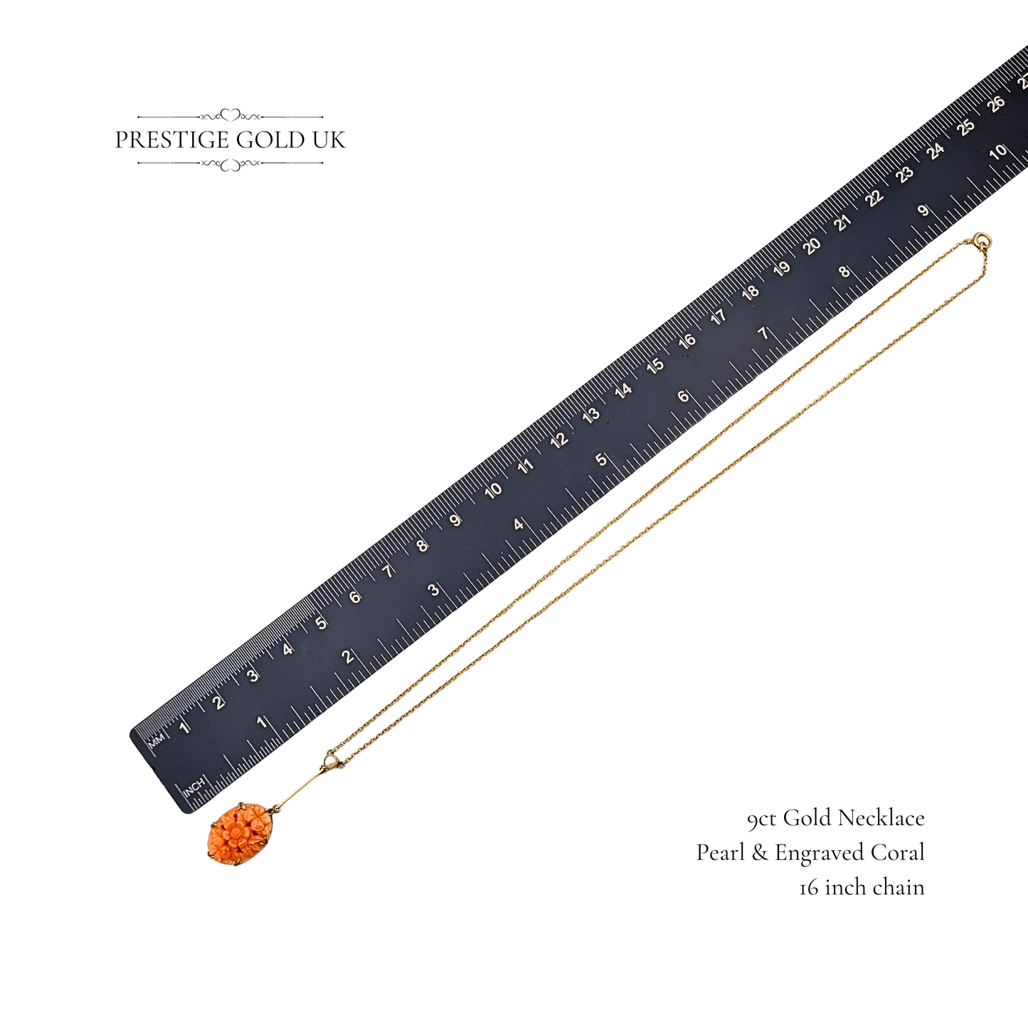 16" Long Antique 9ct Gold  Pink Coral & Pearl Pendant on Delicate Necklace