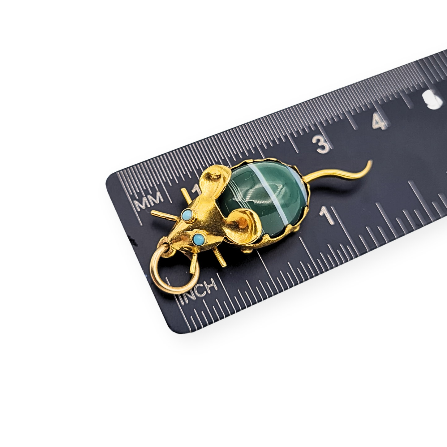 18ct Gold Mouse Charm Turquoise Eyes Green Cabochon Body