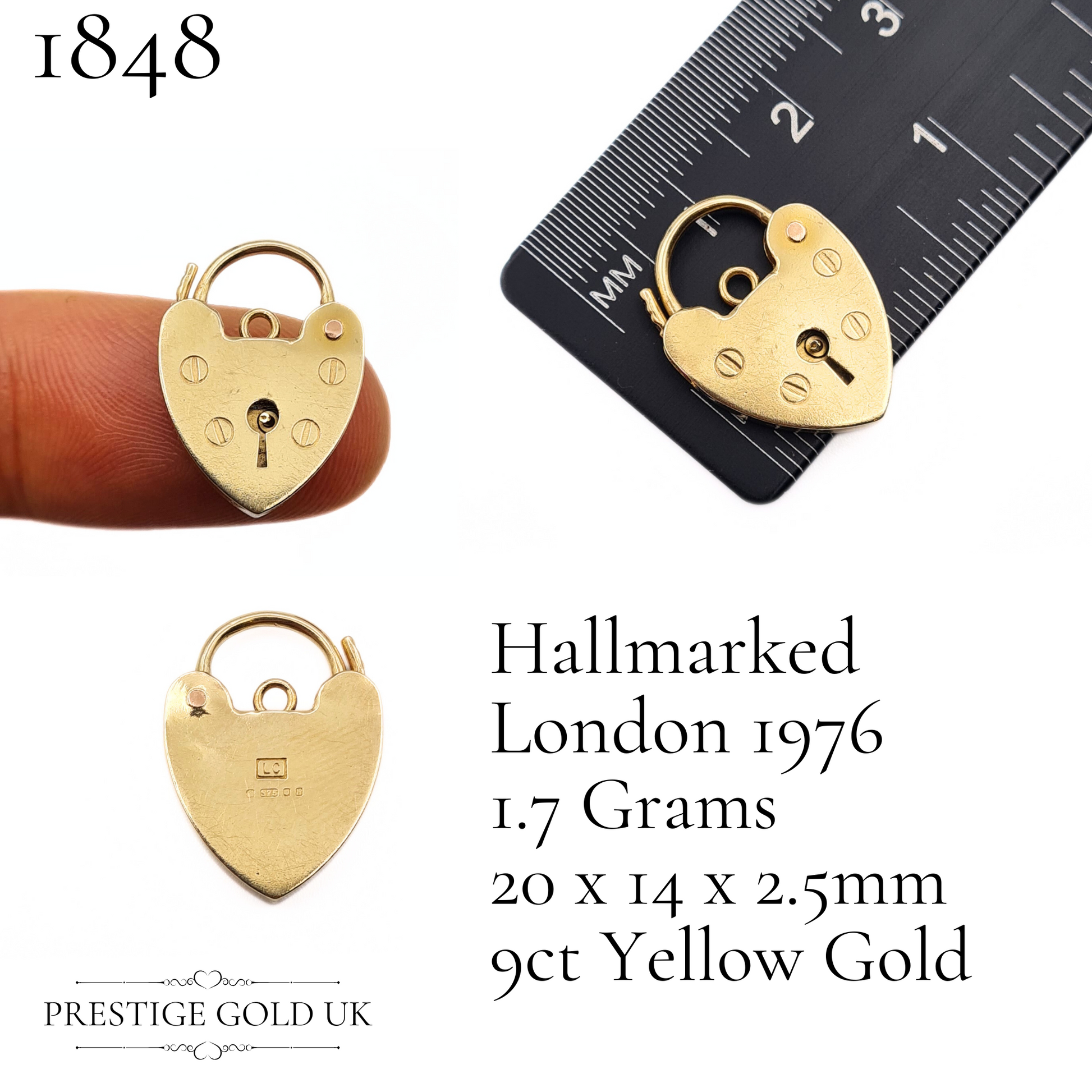 Scale shot of the gold heart padlock charm, placed beside a ruler to illustrate its compact size: 20x14x2.5mm.