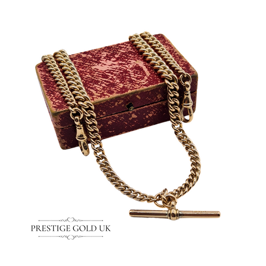 Full-length view of a solid 9ct gold Albert chain weighing 40.1g, measuring 16.5 inches (42cm), in superb condition.
