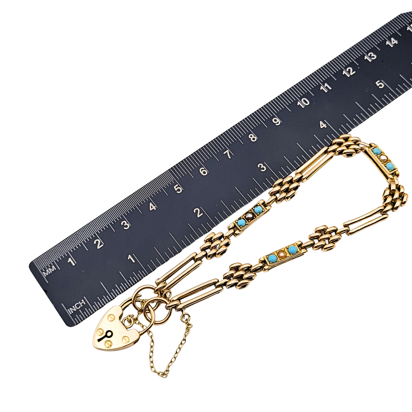 Antique 9ct Rose Gold Turquoise Pearl Gate Bracelet, 1904, 7½ inches long