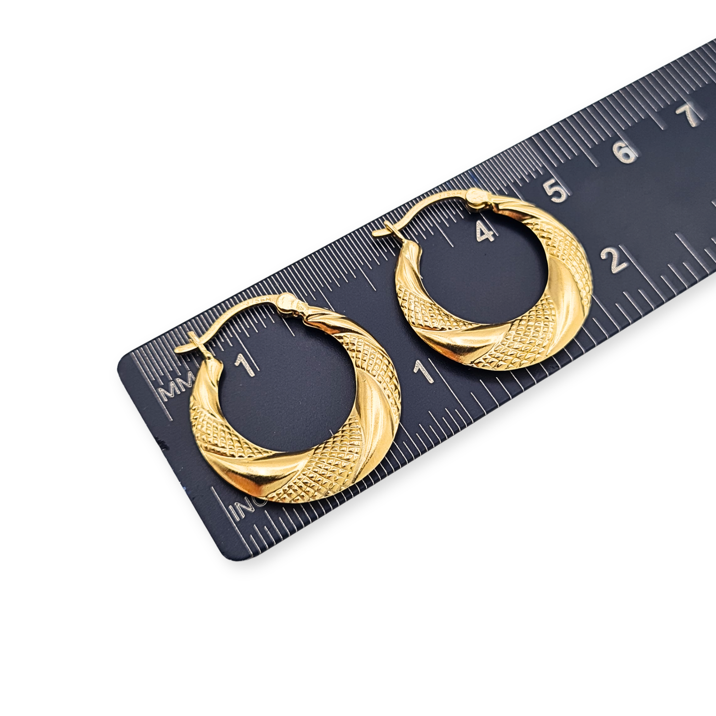 9ct Gold Textured Hoop Earrings 21mm Hollow Puffy Hoops