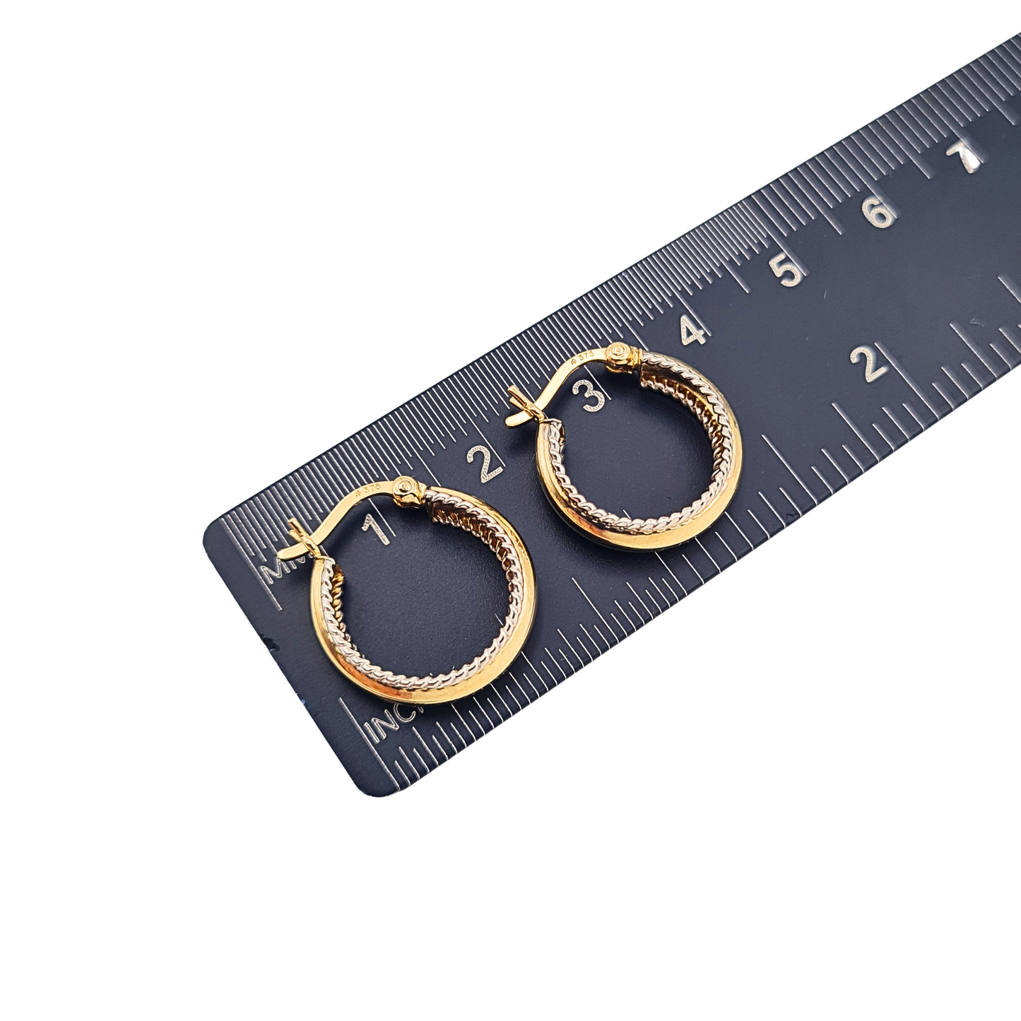 Small 9ct Gold Fancy Hoop Earrings White Gold Scroll Detail 16mm Hoops