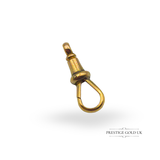 A vintage 9ct gold dog clip clasp, 17mm long and weighing 0.85g. Stamped 9K, ideal for Albert chains, charm bracelets, or as a secure gold clasp.