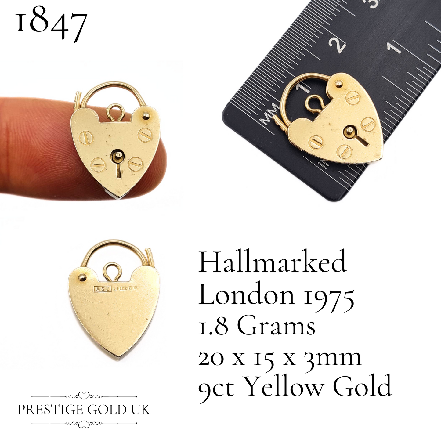 Full layout of the 9ct gold charm with hallmark and size details, perfect for jewellery enthusiasts.