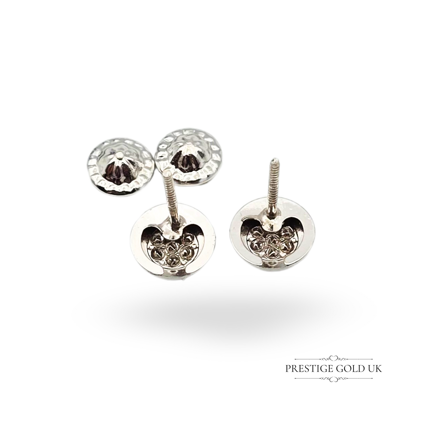 14ct White Gold Round Stud Earrings, CZ Centre, 6mm Wide, Screw Backs