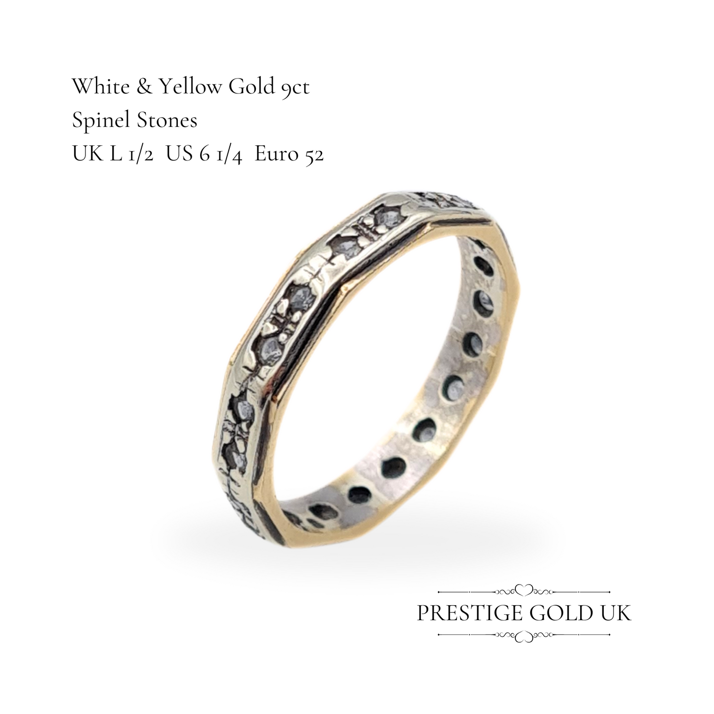 Vintage 9ct White & Yellow Gold Octagonal Spinel Ring, Eternity Band, UK L 1/2 US 6 1/4 Euro 52, Unique Vintage Gold Ring