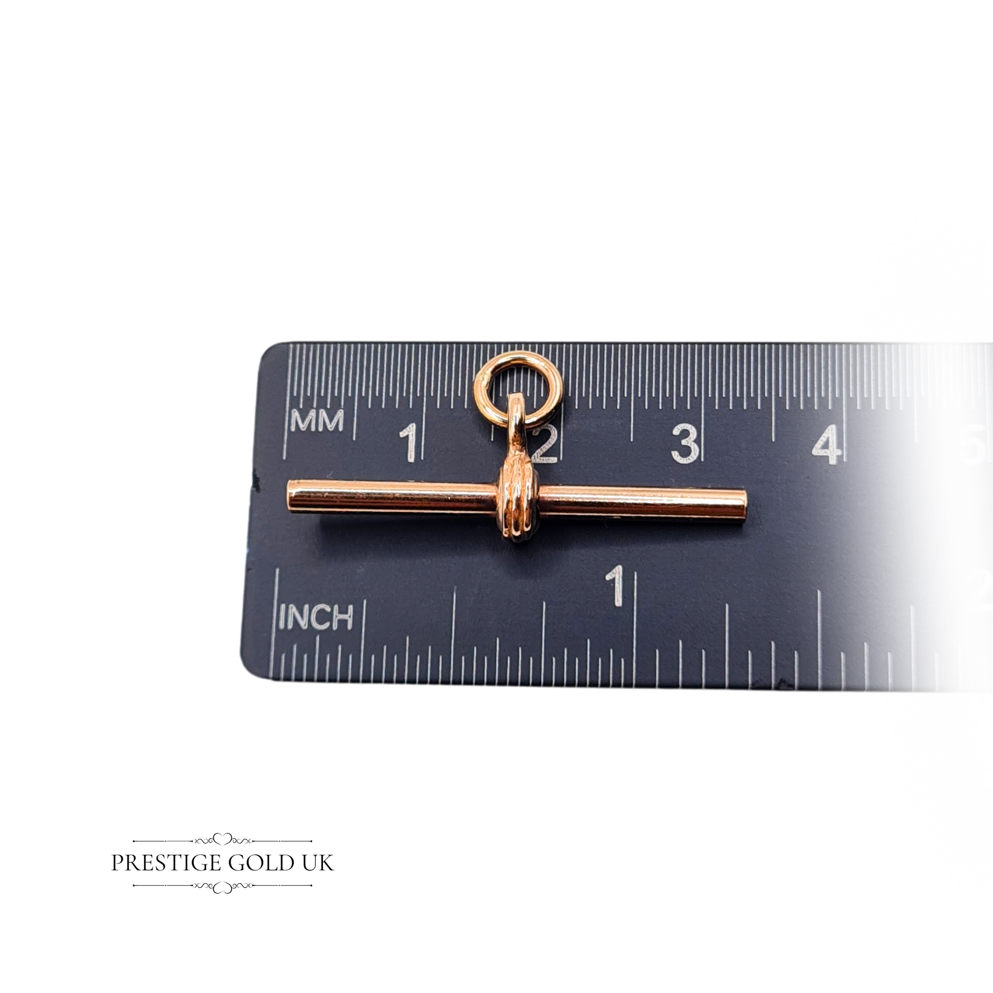 9ct rose gold T-bar pendant with jump ring, 22mm long and 19mm wide, triple ring centre detail, solid rose gold charm for Albert chains or bracelets
