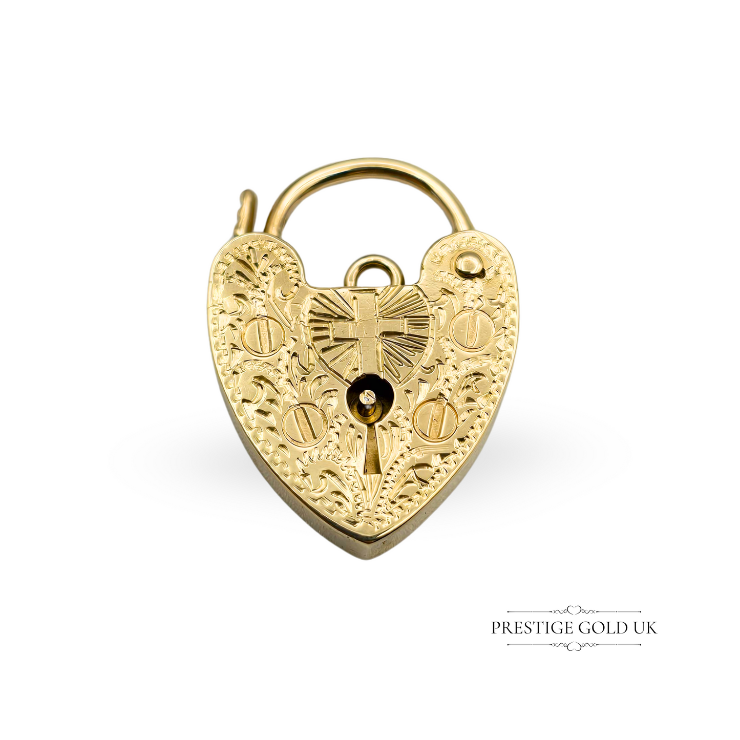 9ct Gold Heart Padlock Charm, Engraved Crucifix Cross Design Christian Symbolism
