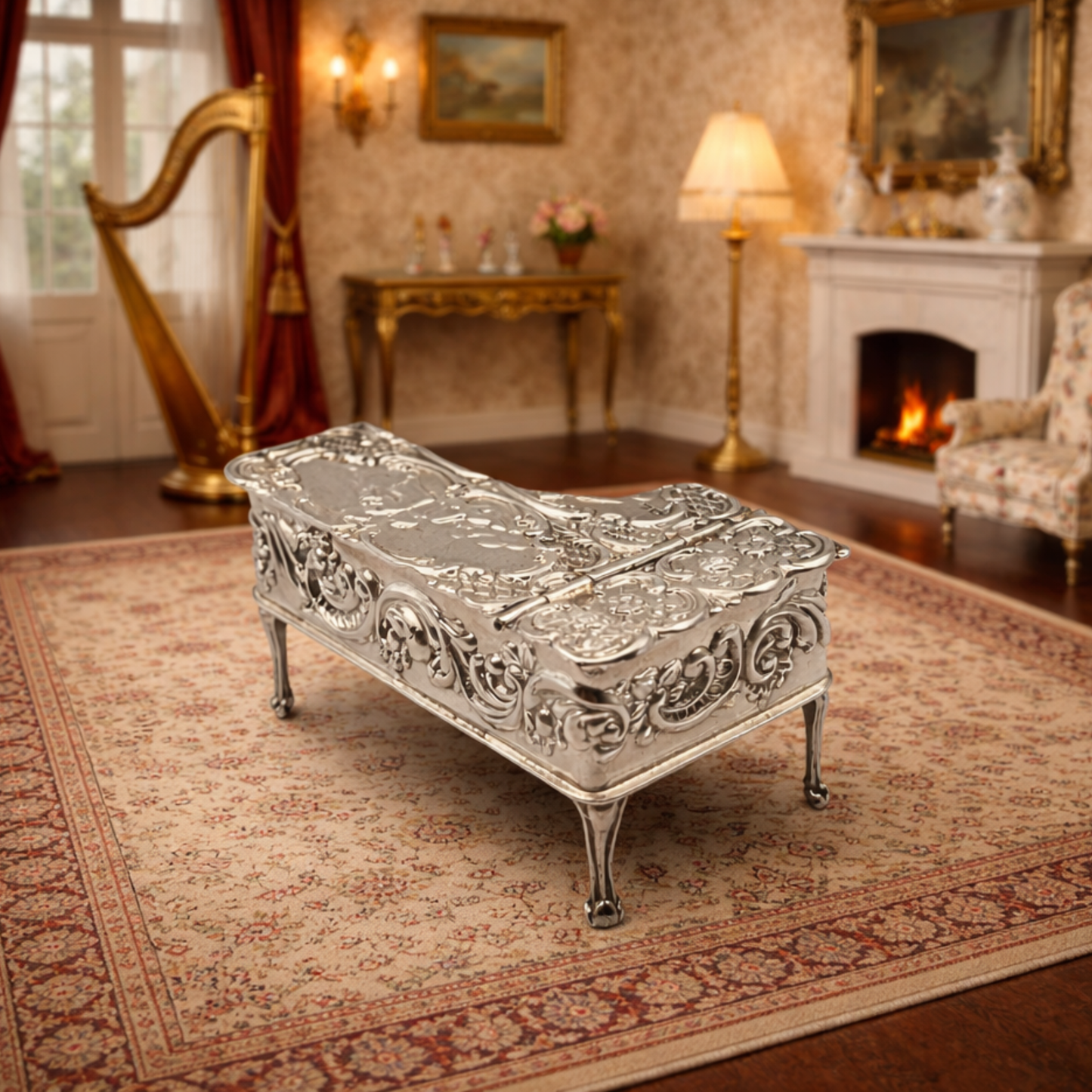 Silver Dollhouse Piano, John Rose, Opening Miniature, Rococo Cherub 1959