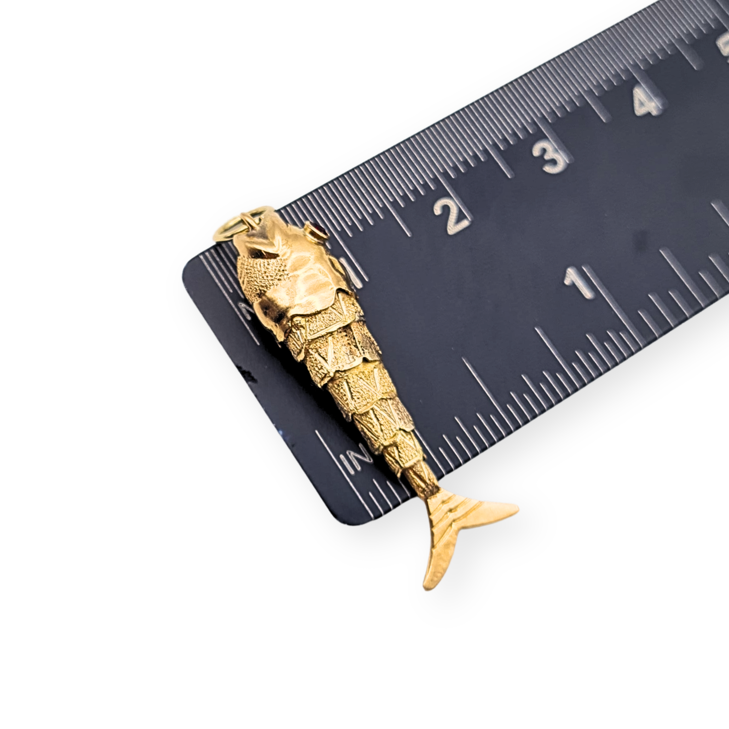 9ct Gold Articulated Fish Pendant Charm Red Stone Eyes