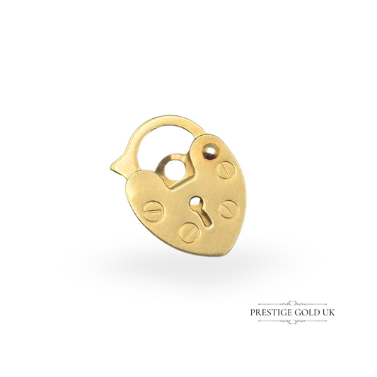 Tiny 9ct gold opening heart padlock, flat design, 13mm tall and 10mm wide. A delicate gold clasp or charm for bracelets and necklaces, symbolizing love and security. Ideal for vintage jewellery restoration or as a sentimental gold charm.