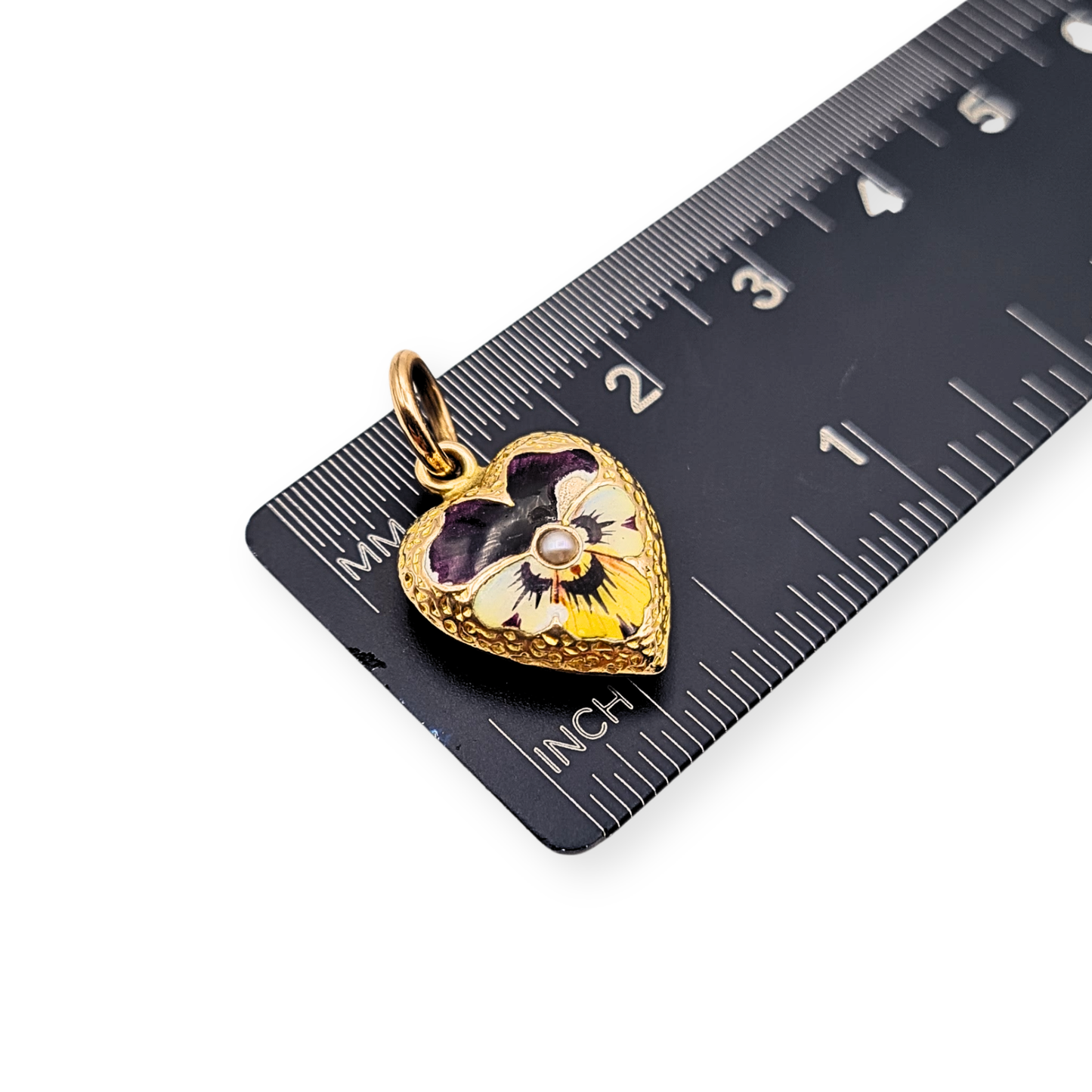 Tiny 9ct Gold Enamel Heart Pendant, Pansy & Pearl Gift