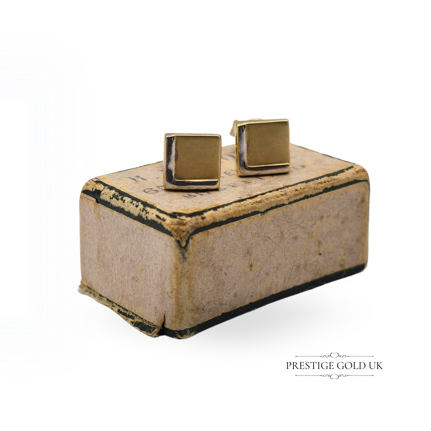 Vintage 9ct two-tone square stud earrings made from yellow and white gold, stamped 9ct and tested, measuring 6x6mm and weighing 0.6g—featuring a modern minimalist design with geometric appeal.