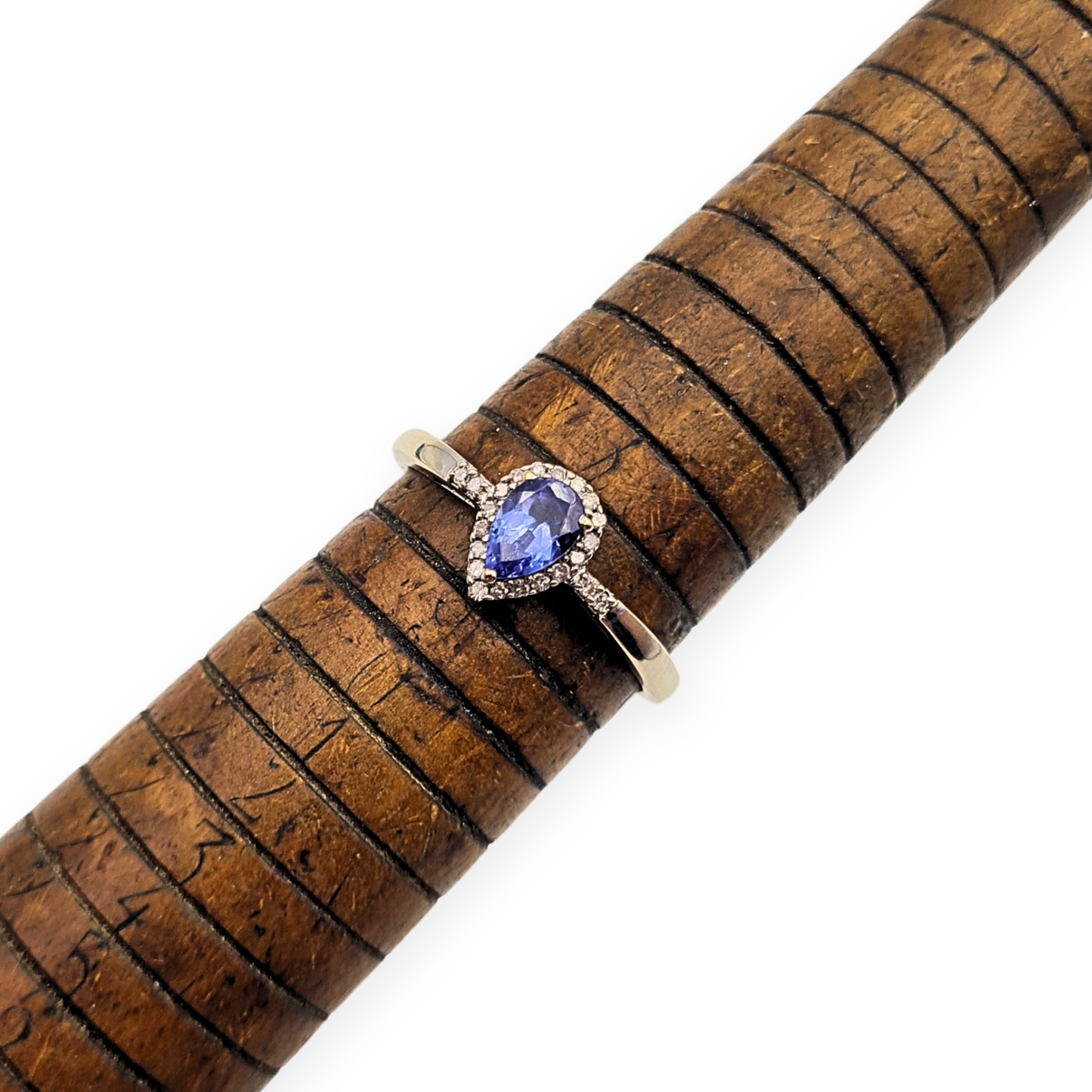 9ct White Gold Tanzanite Diamond Ring Pear Halo UK P US 7 3/4