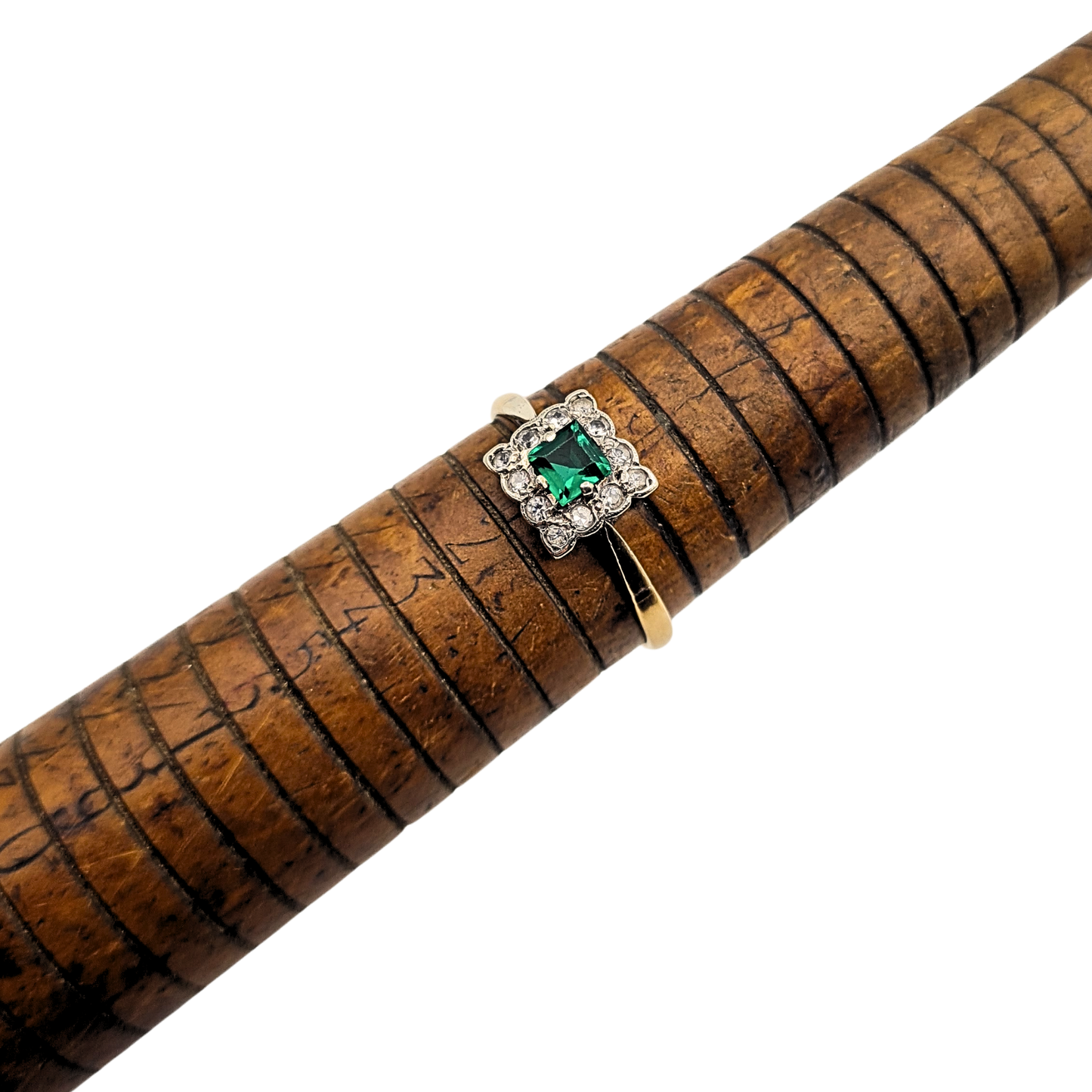 9ct Gold Square Paste Ring, Green And Clear Paste Stones UK R 1/2 US 9
