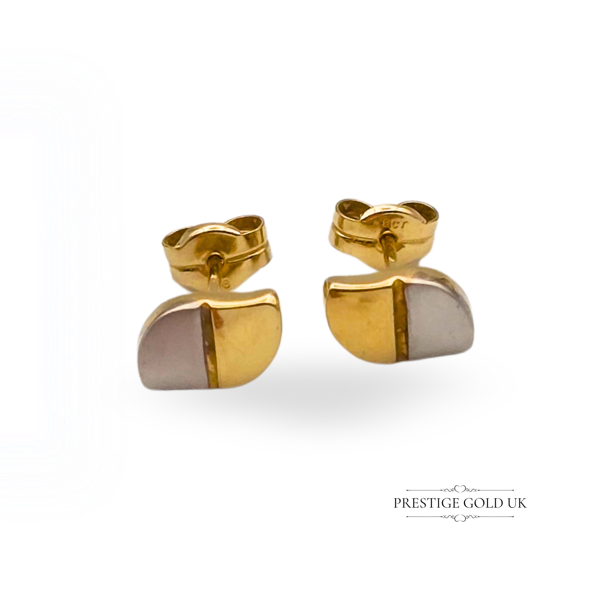 Pair of vintage 9ct gold stud earrings with a two-tone coffee bean design featuring polished yellow gold and satin white gold, stamped 9ct, 9mm x 5mm, lightweight 0.5g.