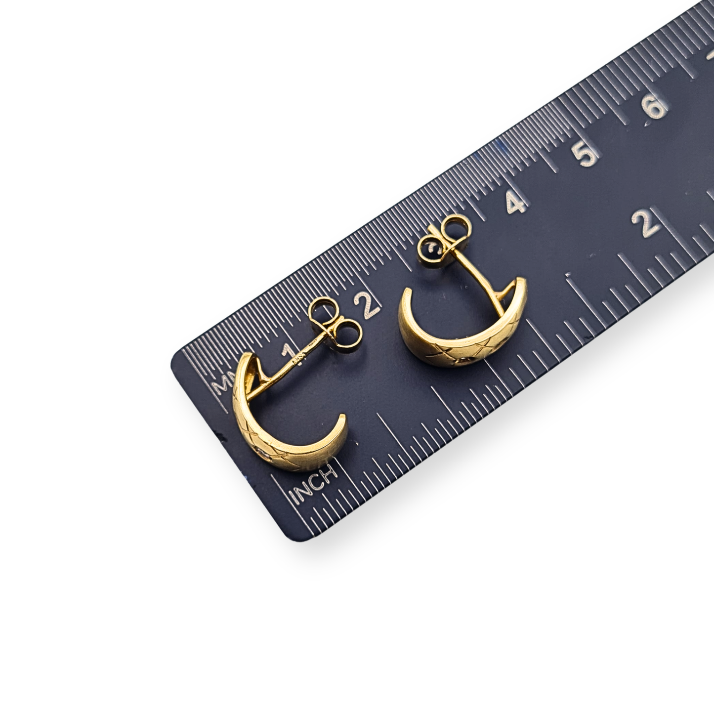 14ct Gold Diamond Set Half Hoop Earrings Satin Finish Cross Hatch Engraved
