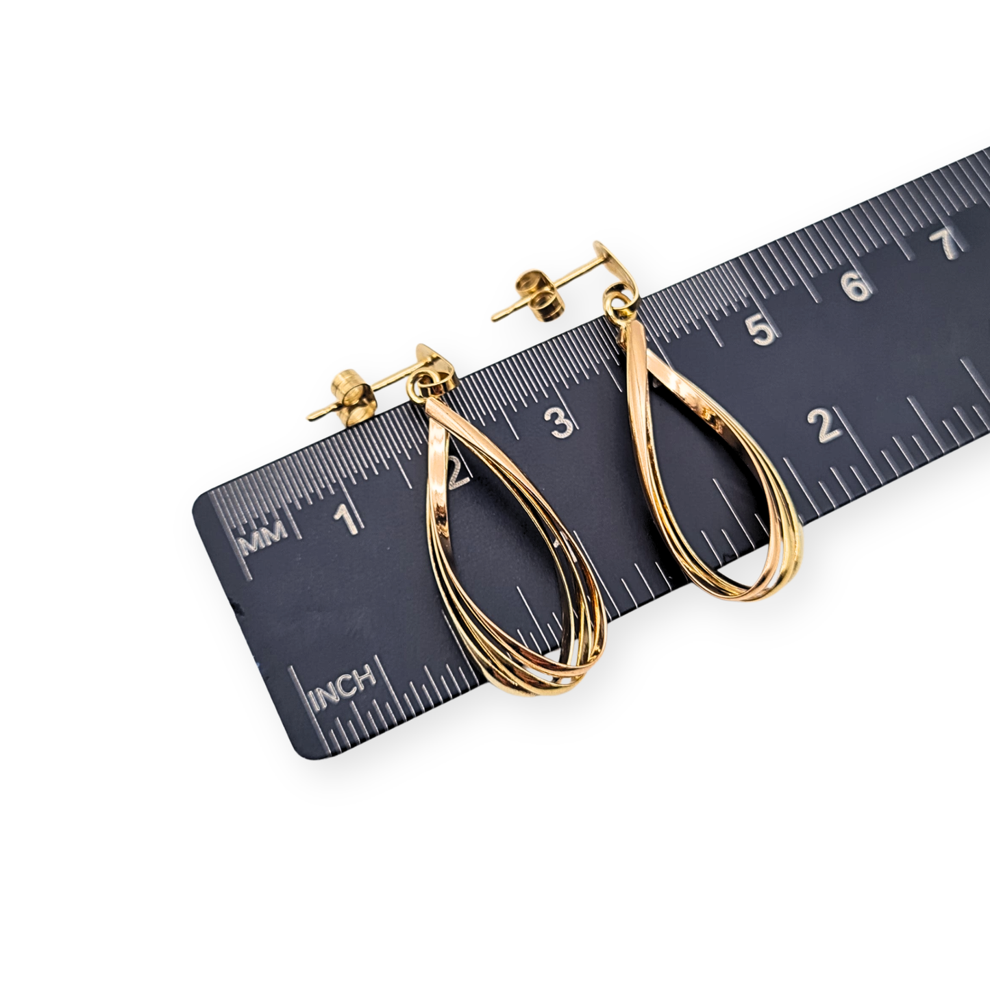 9ct Gold Tri Colour Twist Drop Earrings 37mm Fully Hallmarked