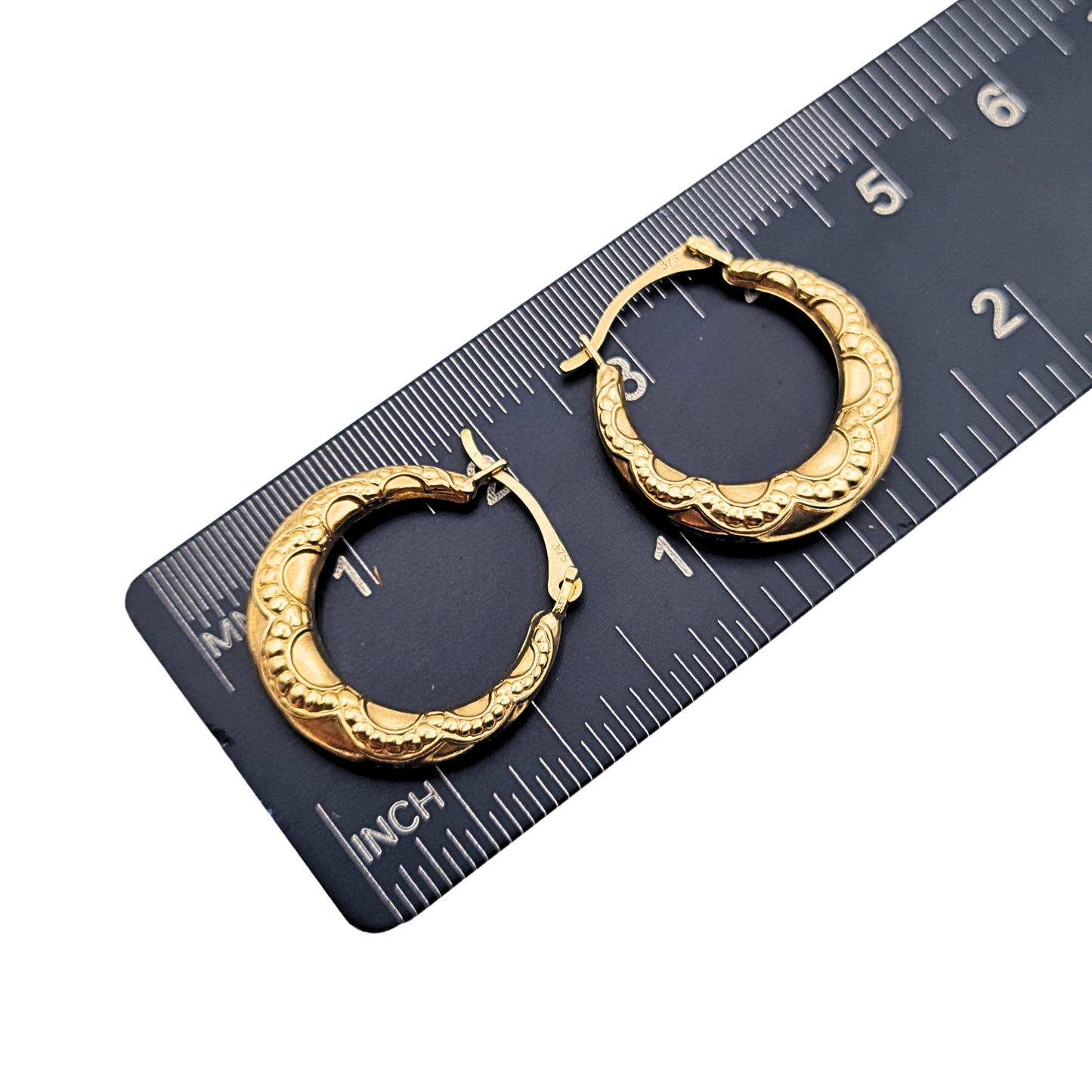 9ct Gold Small Textured Patterned Creole Hoop Earrings, Hinged closure