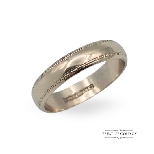 9ct white gold wedding ring with milgrain edge, B.Bros hallmark, 4mm wide vintage band, UK size L ½ US 6 ¼, circa 2000, lightly worn finish