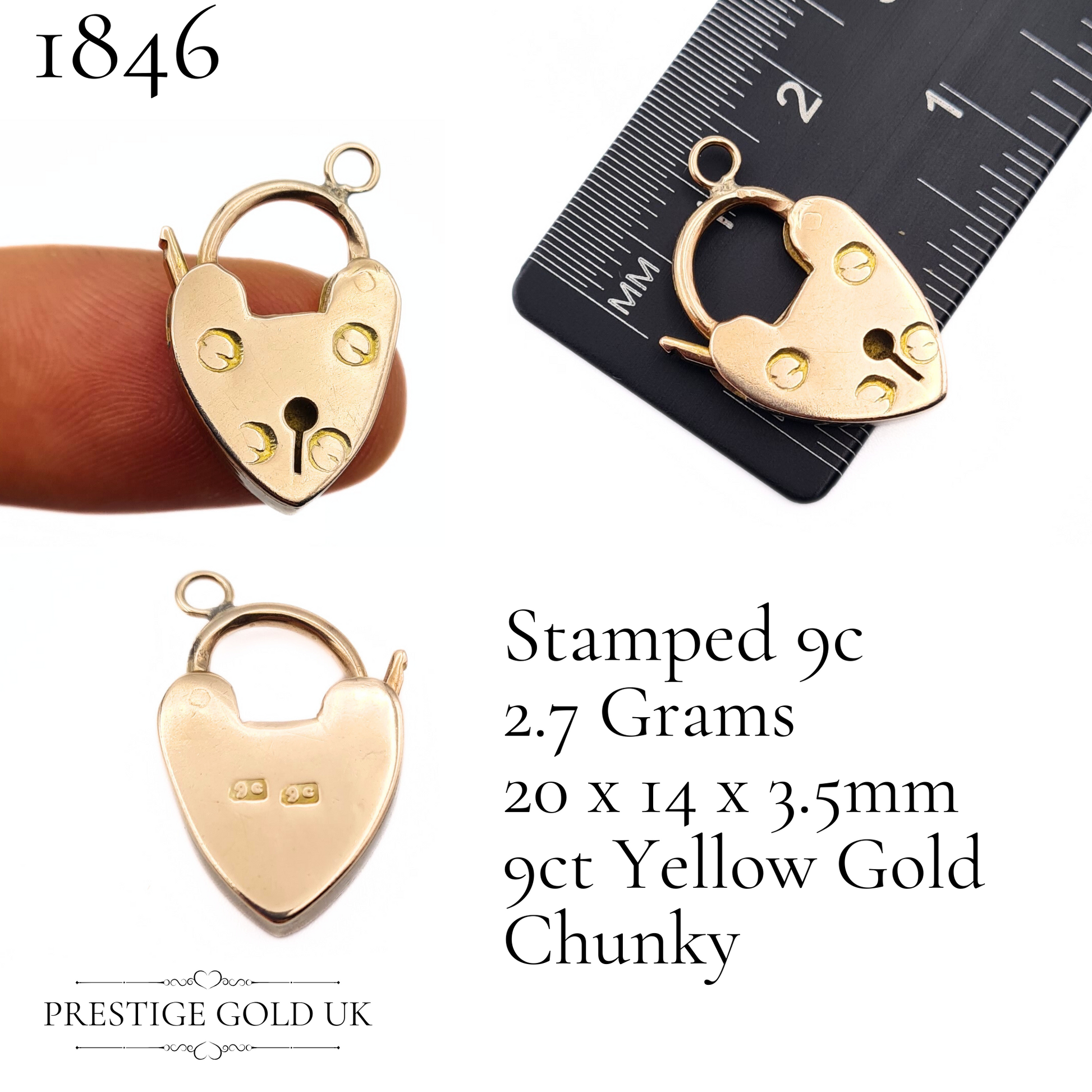 Mid-century gold heart padlock charm with a solid 2.7g weight, perfect for collectors or everyday wear.