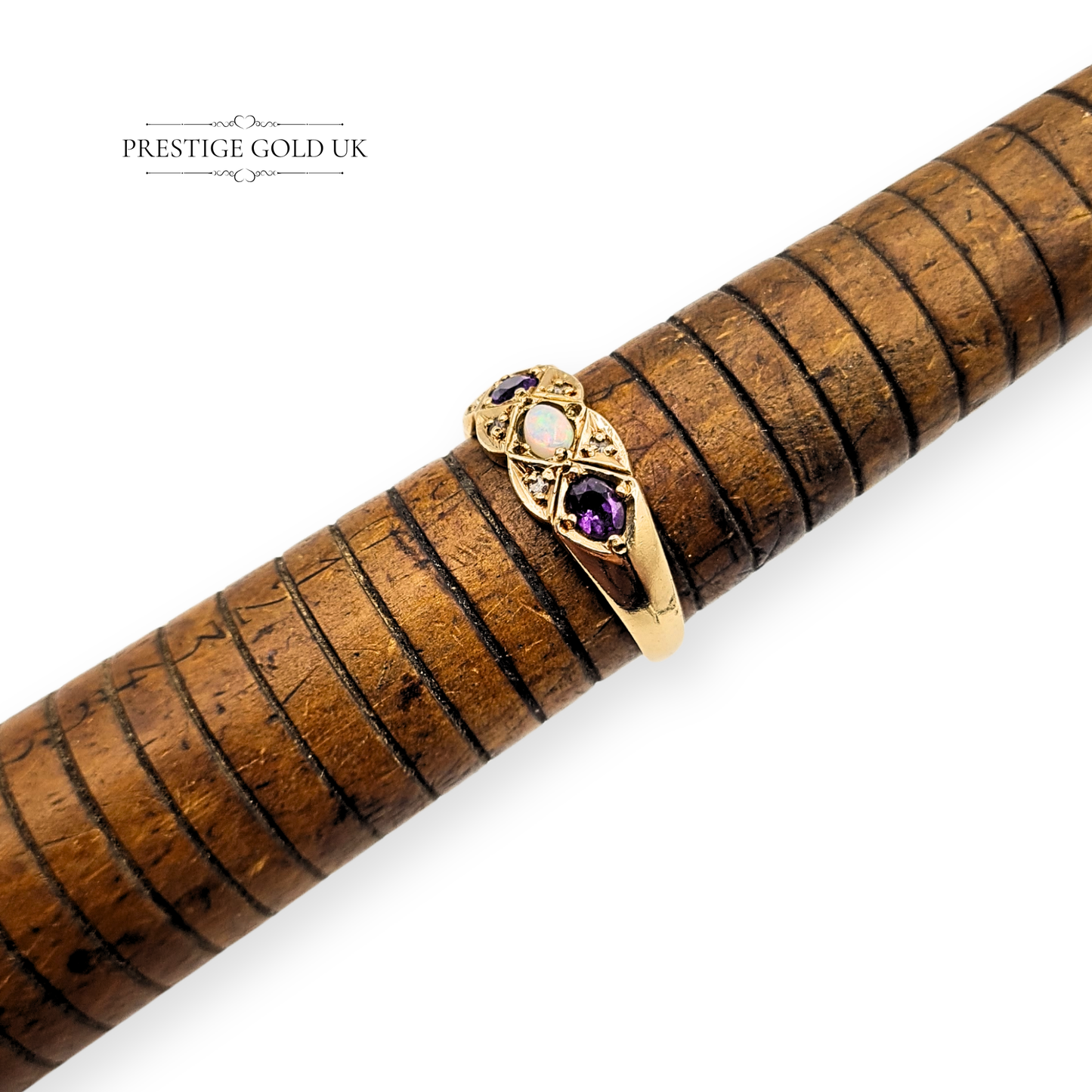 9ct Gold Amethyst Opal Diamond Ring, 1969  UK P / US 7 3/4