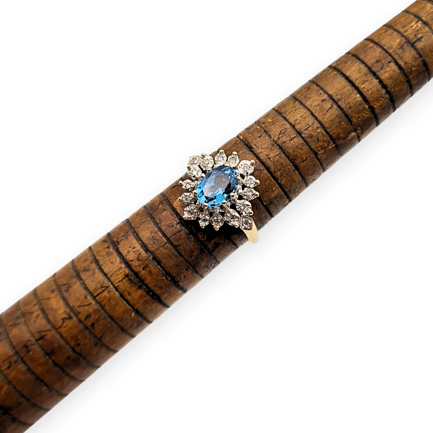 9ct Gold Oval Blue Topaz & Diamond Cocktail Ring - Size UK N, US 6 3/4,