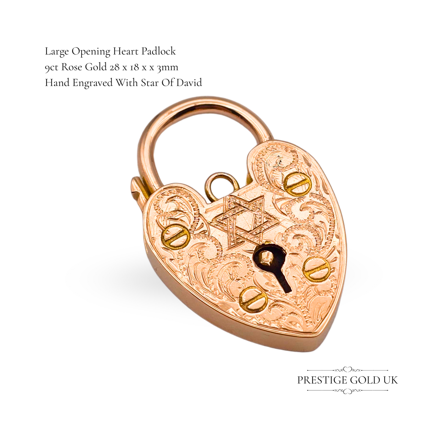 Star of David 9ct Rose Gold Heart Padlock Charm, Bespoke Gift