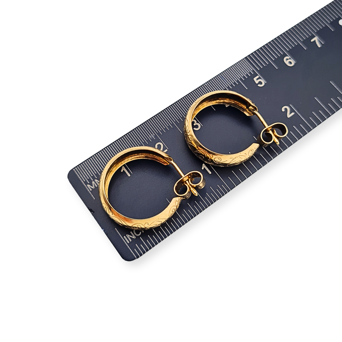 9ct Yellow Gold Engraved Hoop Earrings 18mm Domed 6mm Wide