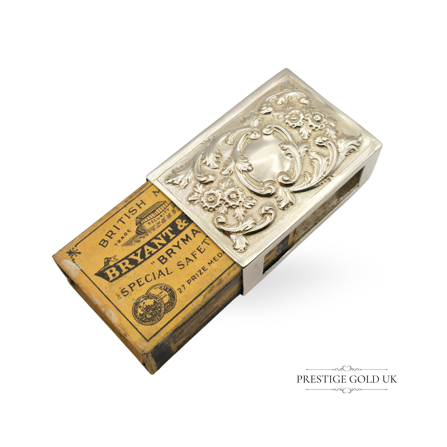 Antique Solid Silver Matchbox Holder, London 1901, Rococo Floral Design, 3” x 2”