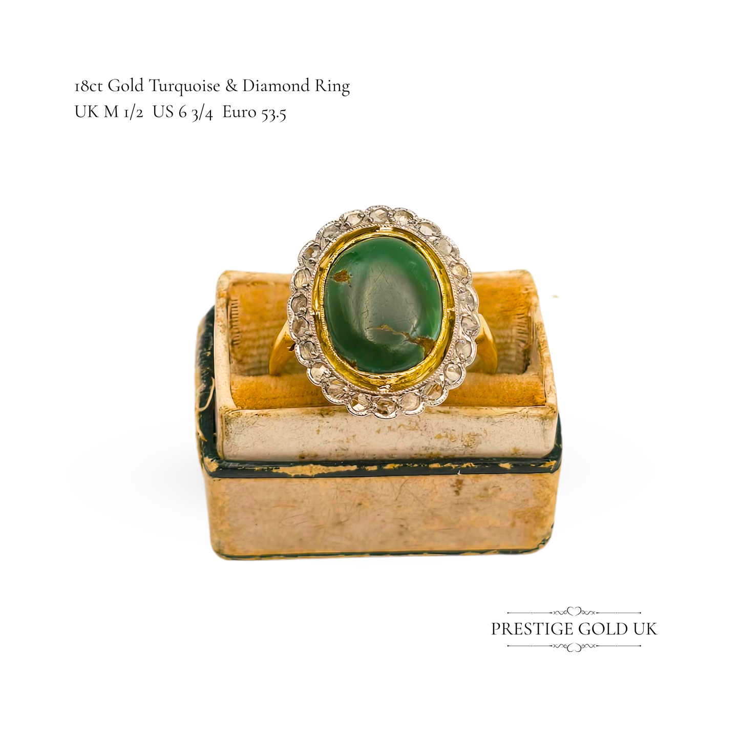 18ct Gold Oval Turquoise & Diamond Halo Cluster Ring,  UK M 1/2  US 6 3/4