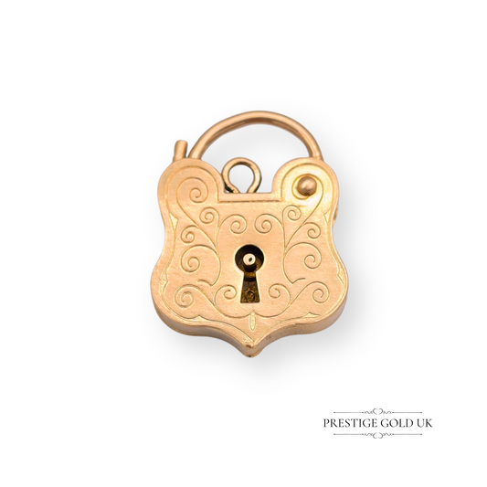 9ct Gold Shield Padlock Charm, Scroll Engraved Opening Shield Pendant
