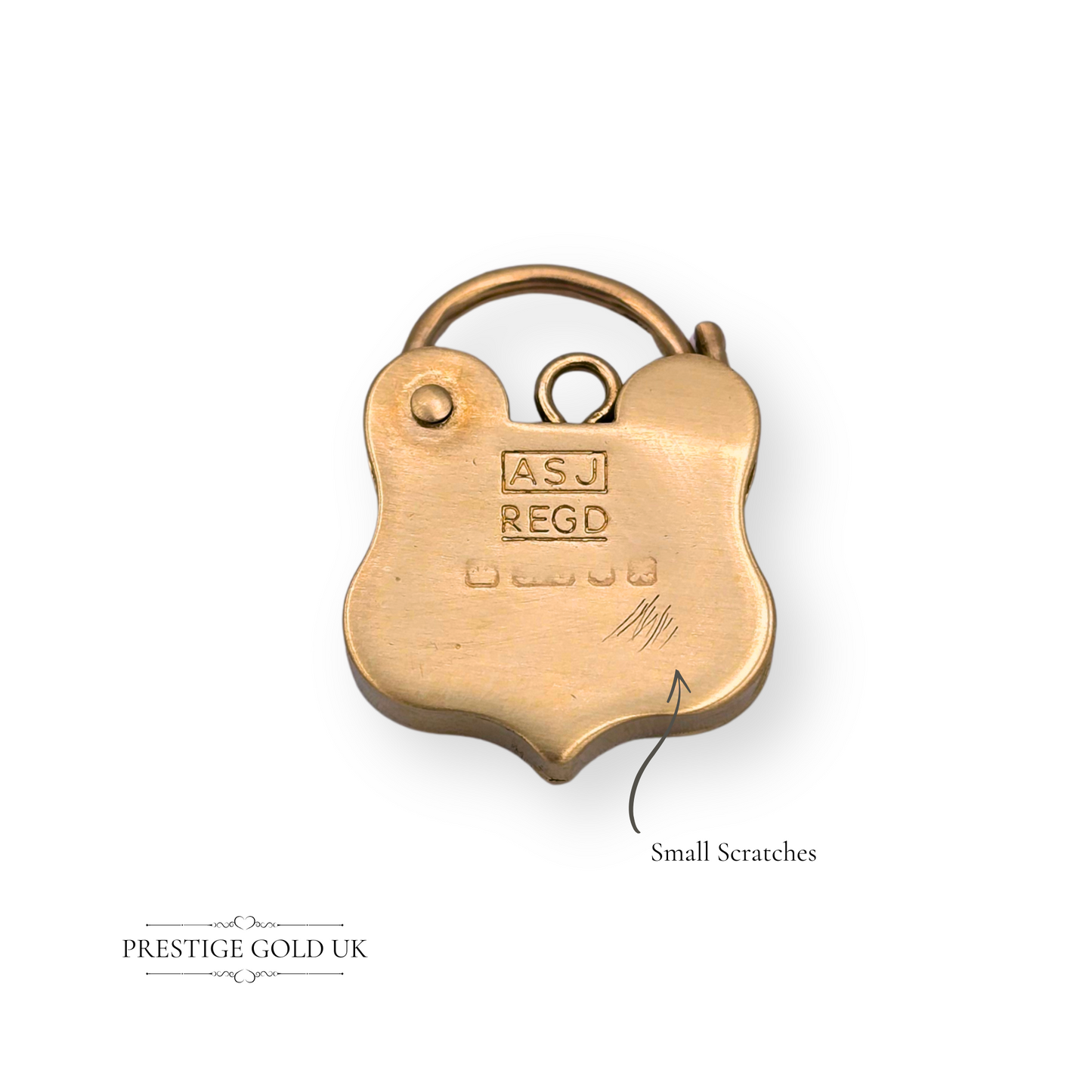 9ct Gold Shield Padlock Charm, Scroll Engraved Opening Shield Pendant