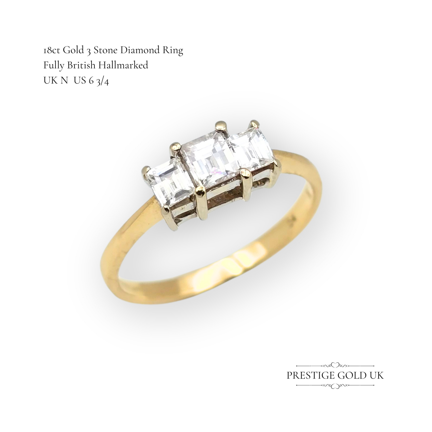 18ct Yellow Gold 3 Stone Millennium Cut Diamond Ring,  Size UK J  US 5