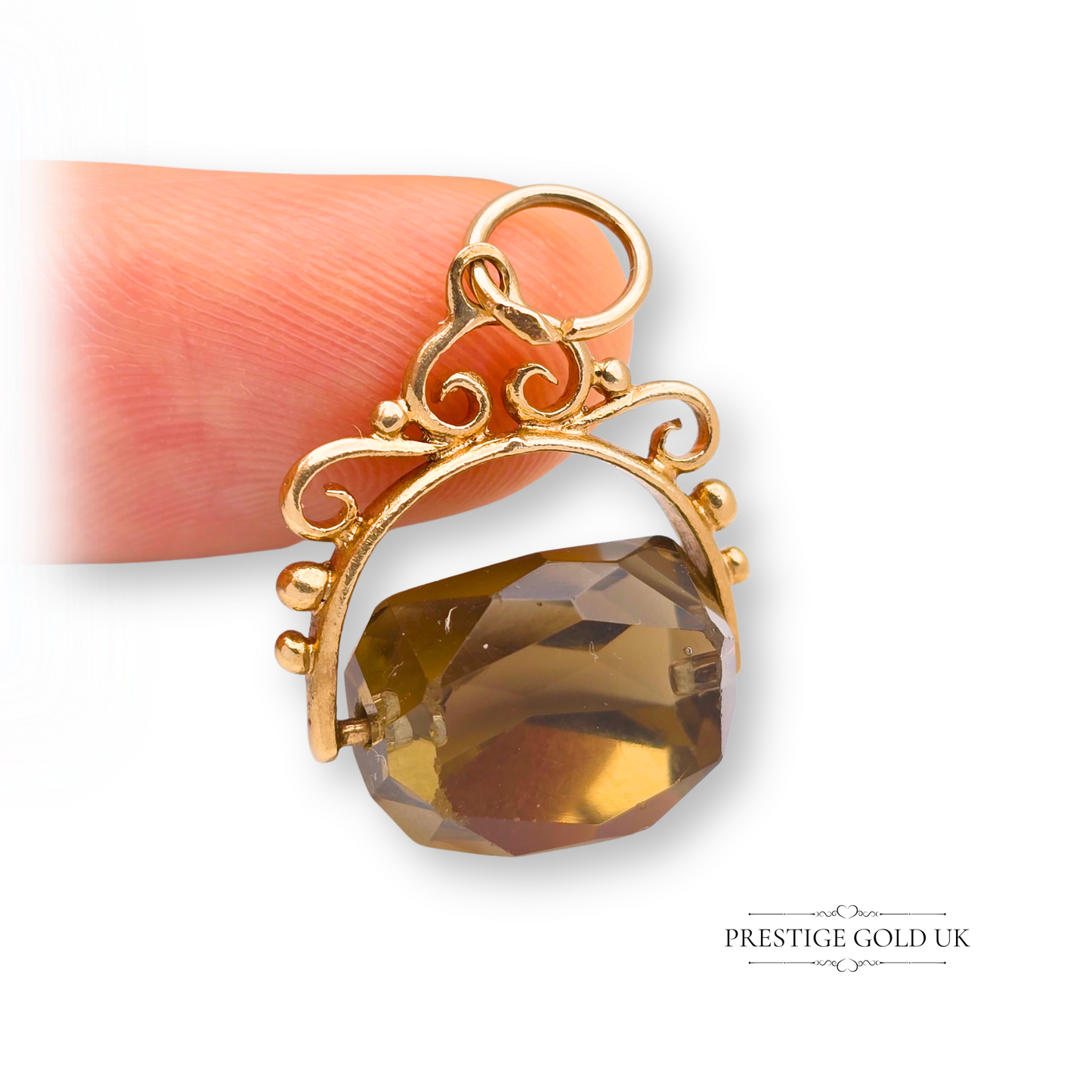 Small 9ct Gold & Smoky Swivel Fob, Spinning Charm With Decorative Scroll Work