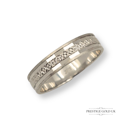 9ct White Gold Faceted Star Pattern Wedding Ring, UK O 1/2 / US 7 1/2