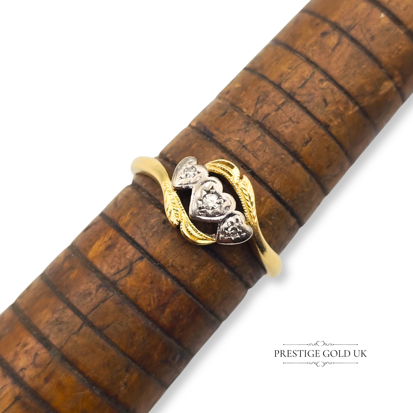 18ct Three Heart Diamond Ring Yellow & White Gold, Crossover Design