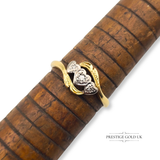 18ct Three Heart Diamond Ring Yellow & White Gold, Crossover Design