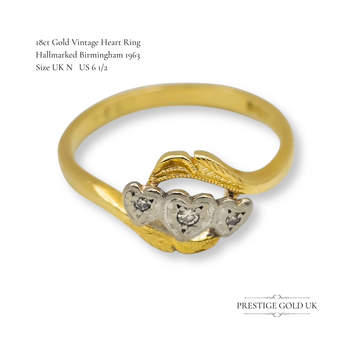 18ct Three Heart Diamond Ring Yellow & White Gold, Crossover Design