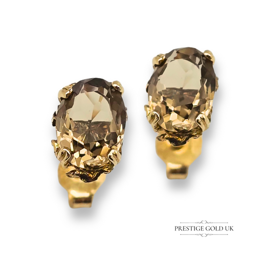 9ct Gold Smoky Quartz Stud Earrings, Oval Claw Set Brown Natural Stone Studs