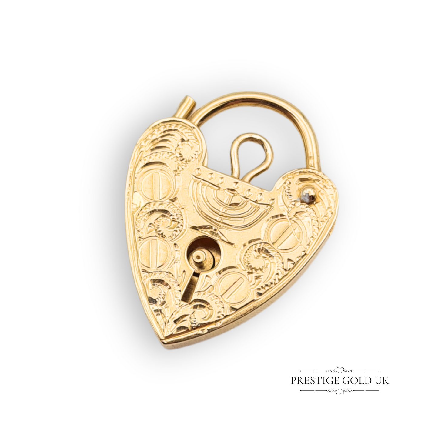 9ct Gold Medium Heart Padlock Hand Engraved Menorah Charm