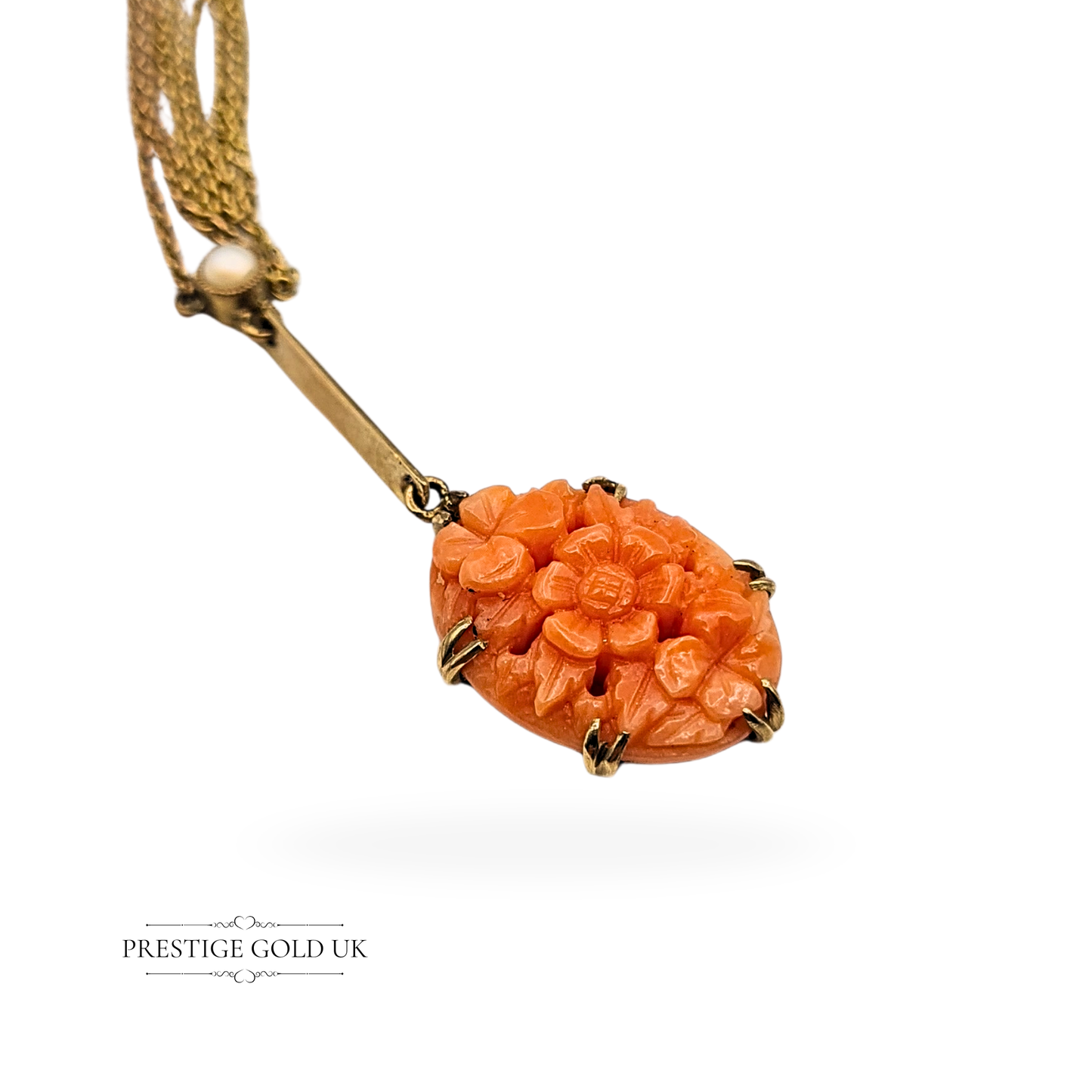 16" Long Antique 9ct Gold  Pink Coral & Pearl Pendant on Delicate Necklace