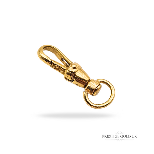 ALT Tag (200–250 Characters)

Vintage 9ct gold swivel dog clip clasp, 18mm long and weighing 0.75g. Stamped 375 and fully tested for authenticity. Strong and secure swivel fastening, ideal for watch chains, fobs, or necklaces. Classic yellow gold jewellery finding.