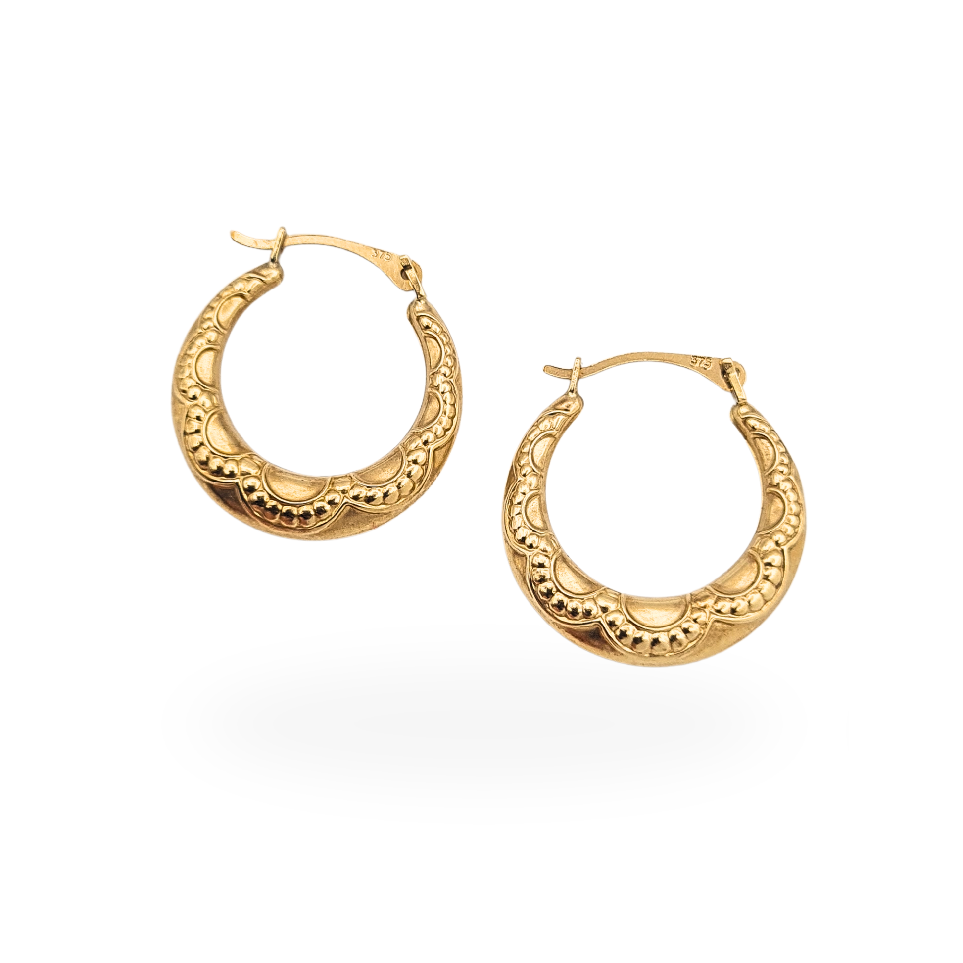 Small 9ct gold textured creole hoop earrings 17mm lightweight