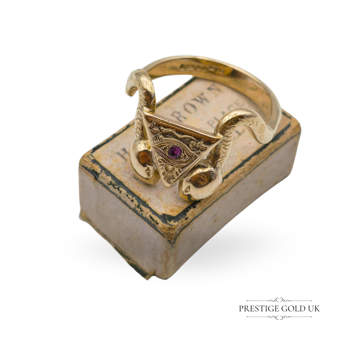 9ct Gold Snake Ring with All Seeing Eye, Dual Serpents Engraved Ring