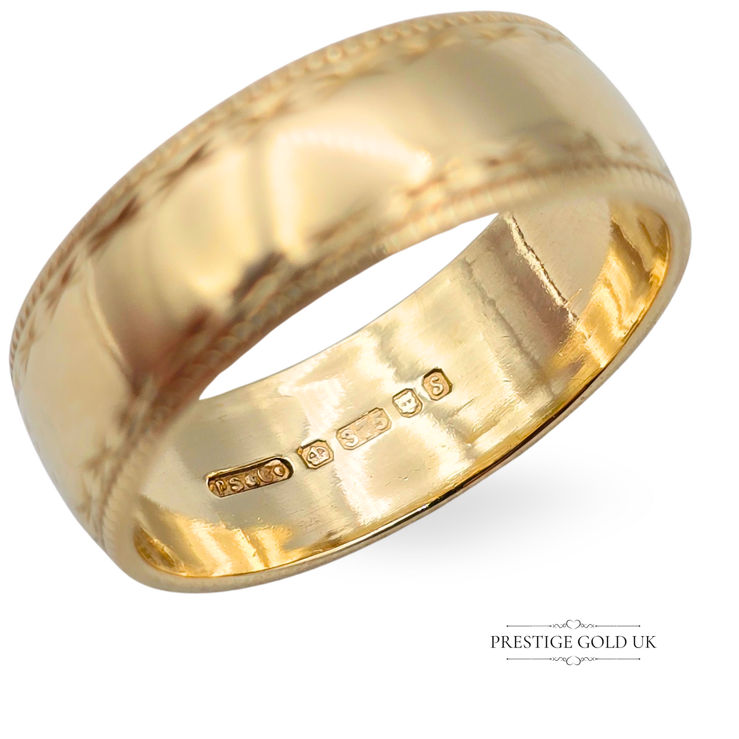 9ct Gold Engraved Wedding Ring, 6mm Wide Band, UK J US 5, Hallmarked London 1992