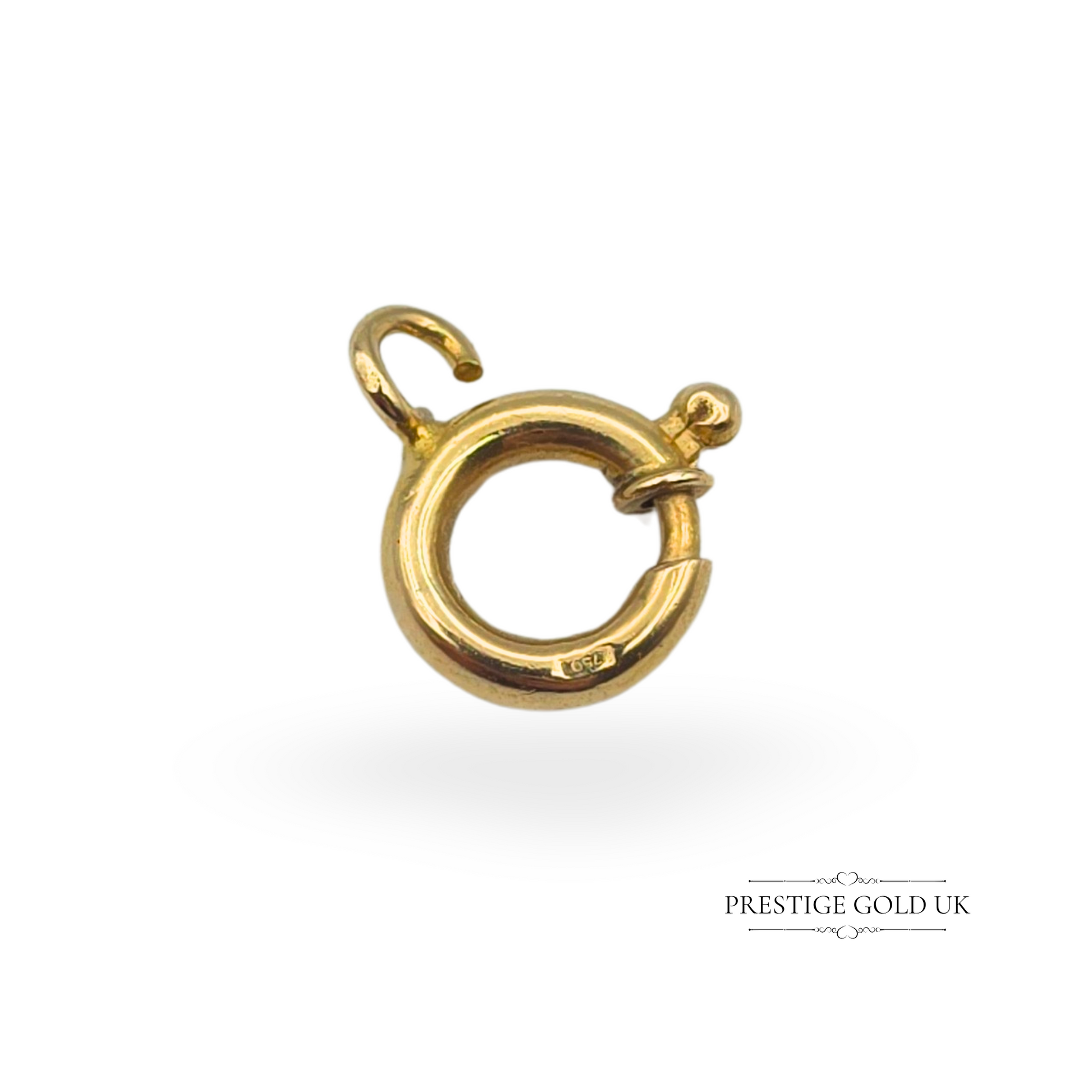 Solid 18ct gold large spring ring clasp with a 10mm outer diameter, stamped 750 for authenticity. Weighing 0.9g, this high-quality jewellery component is perfect for securing necklaces, bracelets, or charms with a sturdy and elegant finish.