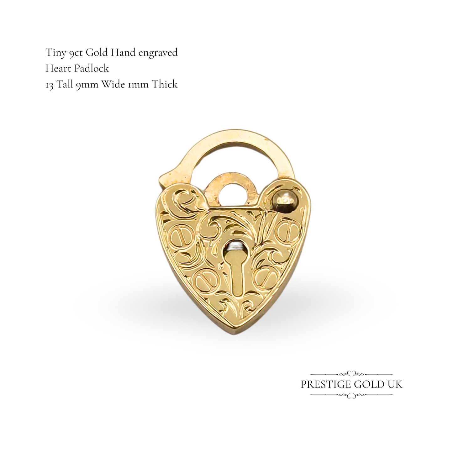 Tiny 9ct Gold Heart Padlock, Hand Engraved, Flat Design, 13mm Tall, Stamped 375