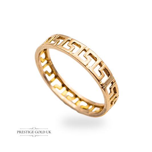 Lightweight 10ct gold Greek key ring featuring a 3mm wide openwork band with continuous geometric cutout pattern, UK size I, US 4 1/4, fully tested gold, ideal as a pinky or stacking ring with a bold, classical motif.